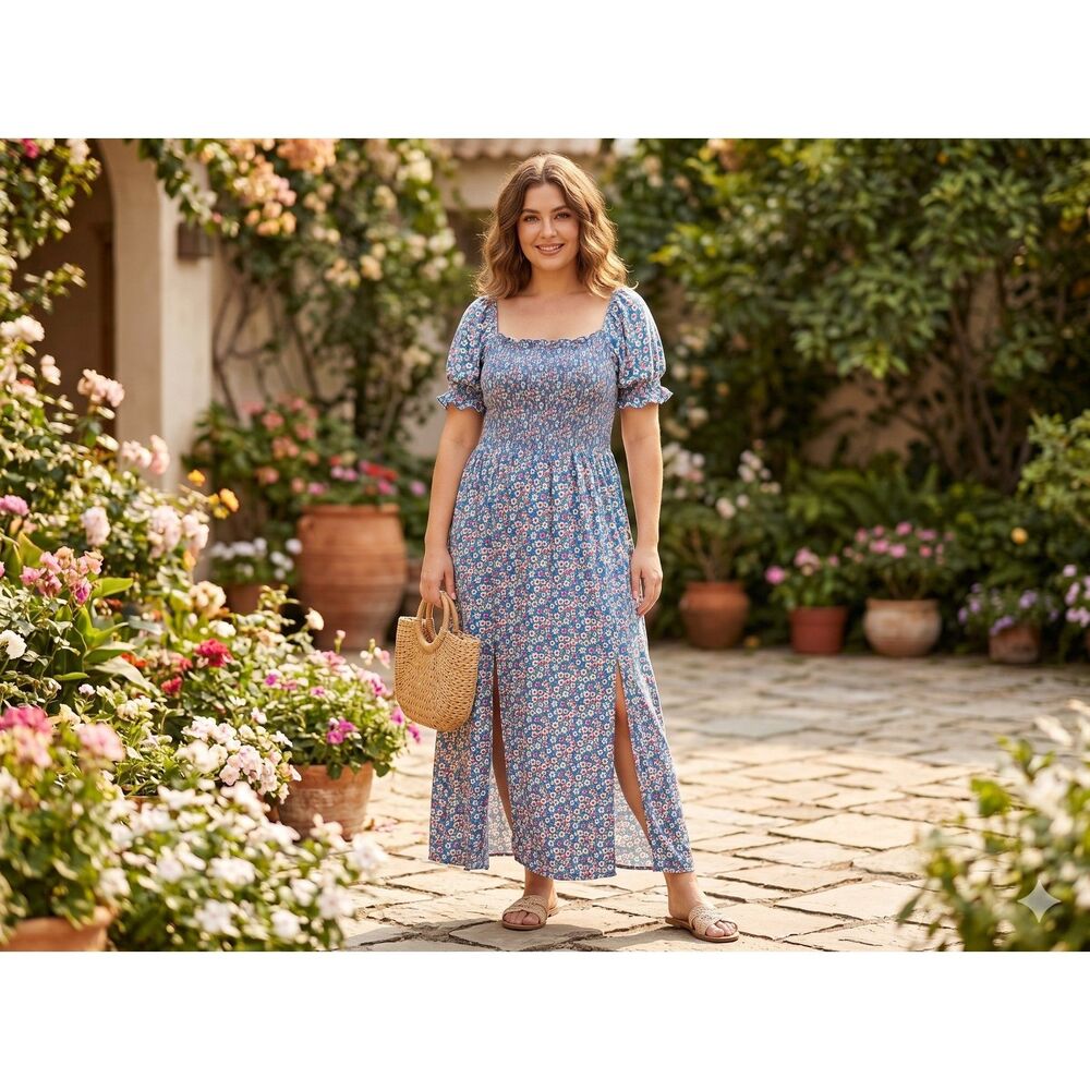 Sweetkie Blue Floral Smocked Maxi Dress w/ Slits 1X
